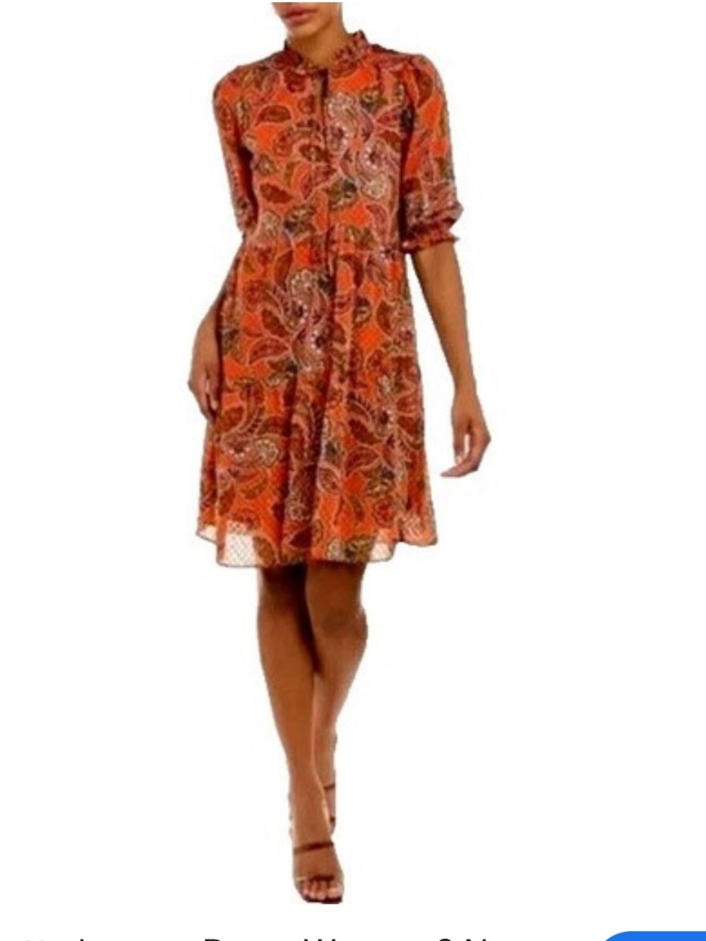 Nanette Lepore Orange Paisley Ruffle-Neck Long Sleeve Dress